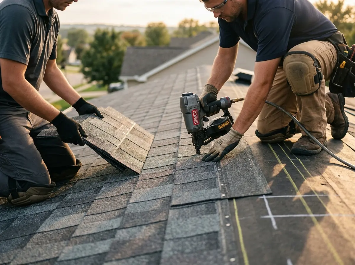 Professional roofer working on a residential roof in Sweden